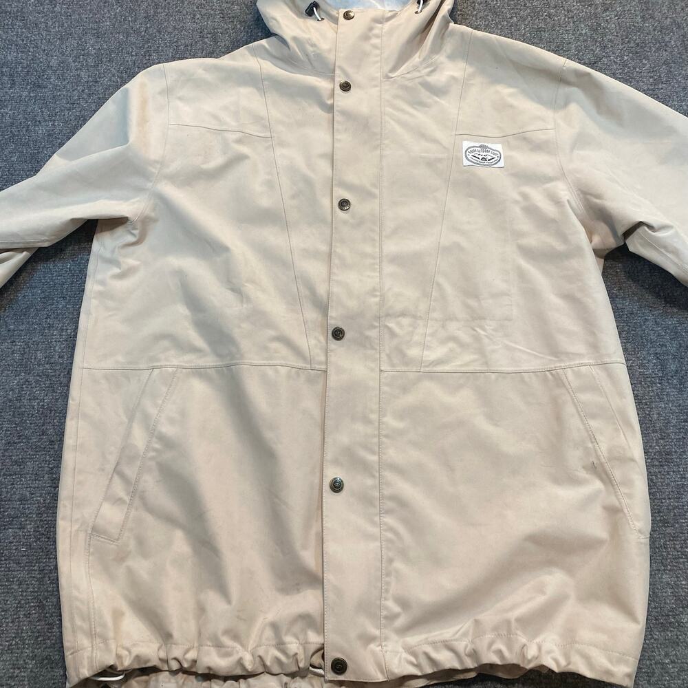 Poler Camp Vibes Hooded Rain Jacket Mens XL Cream Water Resistant Coat Zip Snap - Picture 2 of 9